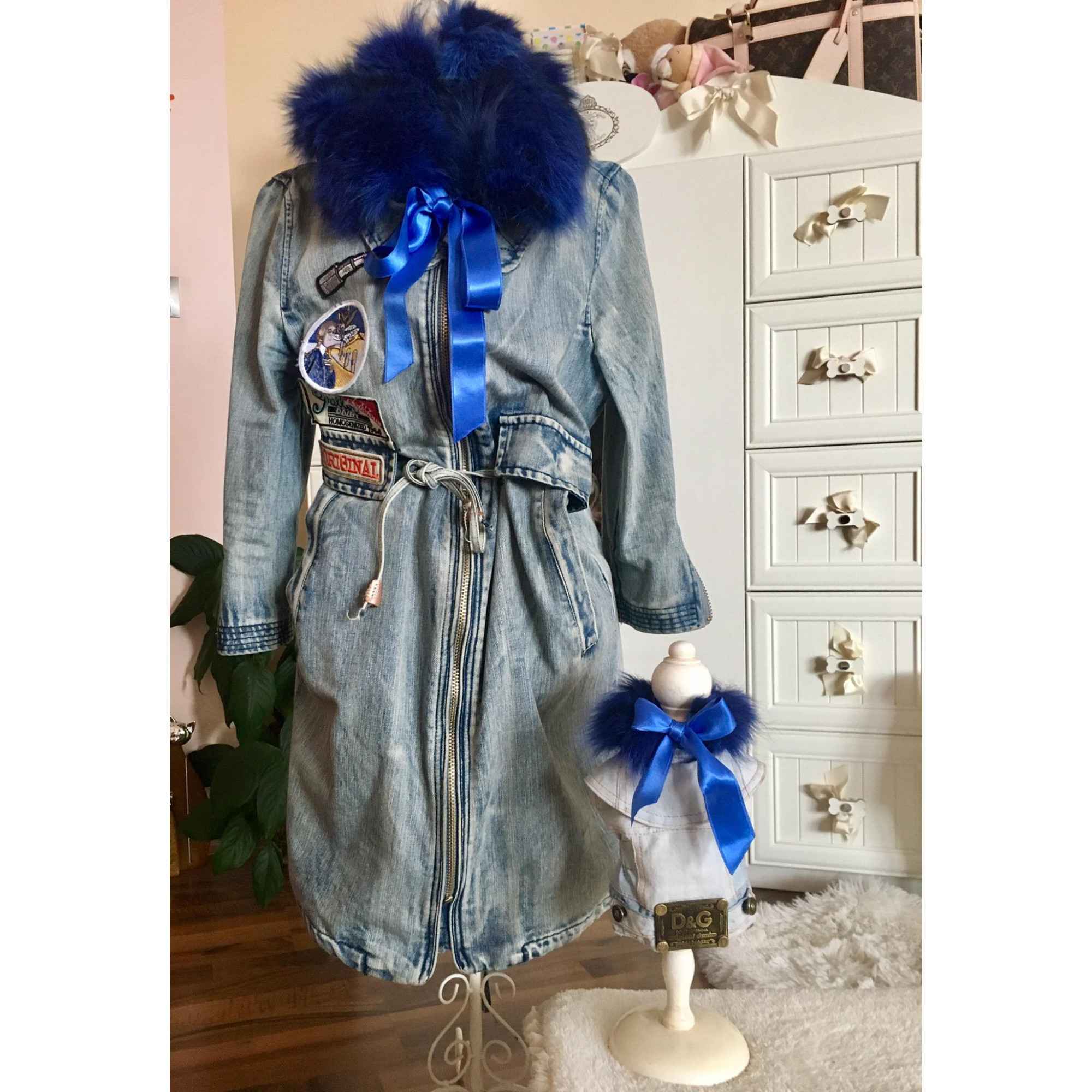 Пролетни дънкови якенца за Мама и Обичковче с яки естествен косъм със сатенена панделка "Mom&Yorkie Fashion Icon collection by FREA"