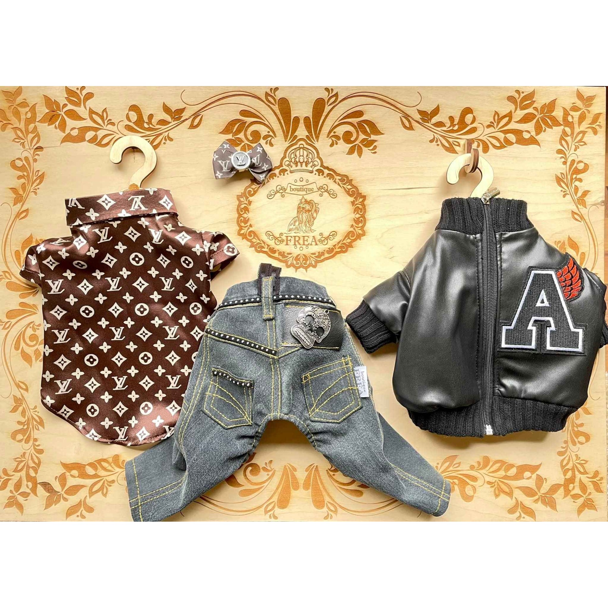 Кожено бомбър якенце, ризка, дънково панталонче и шнолка “My Yorkie Fashion Icon collection by FREA” 