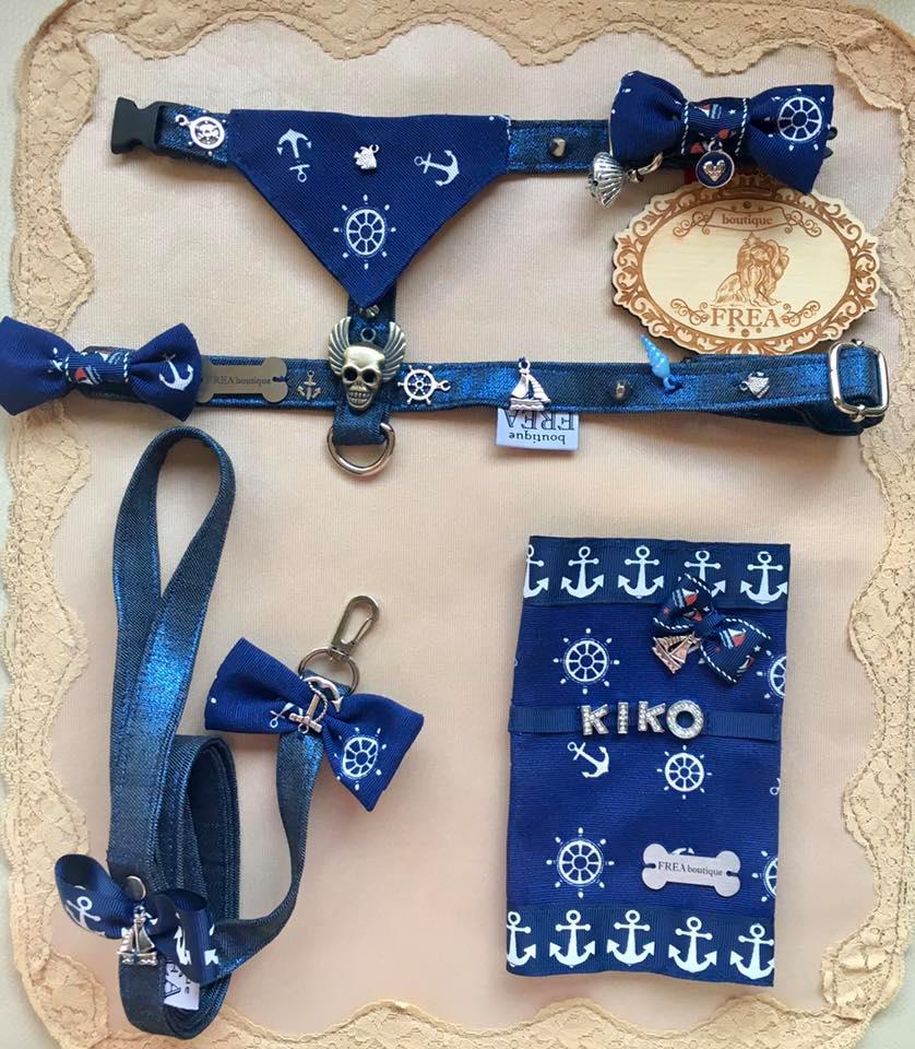 Нагръдниче с повод и панделка "My Yorkie Sea Captain collection by FREA" и подвързия за паспорт на Обичковче "My Luxury PassPort Case by FREA"